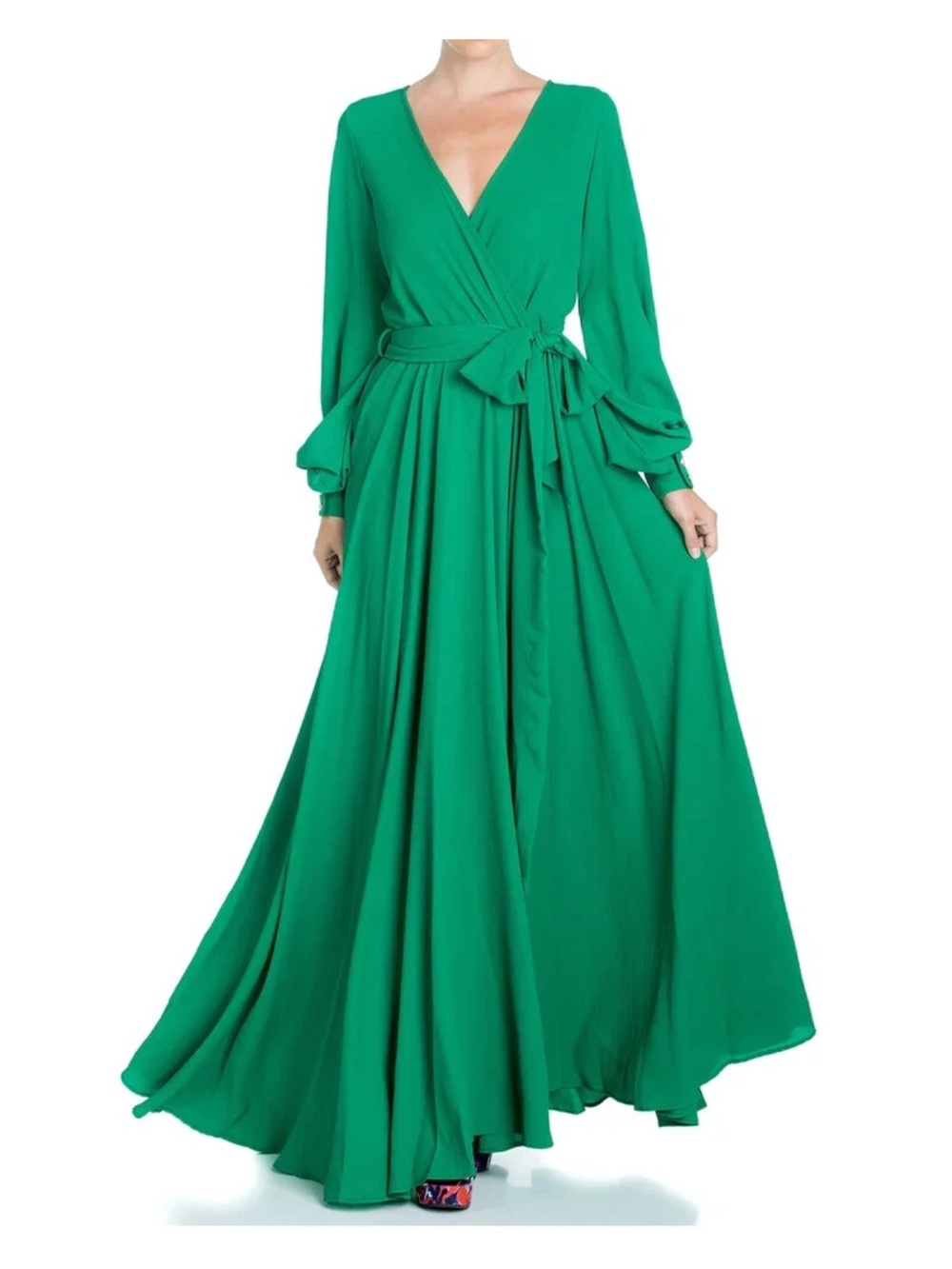 Meghan Los Angeles Lilypad Surplice Maxi Dress Long Sleeves Kelly Green XL - Picture 2 of 13